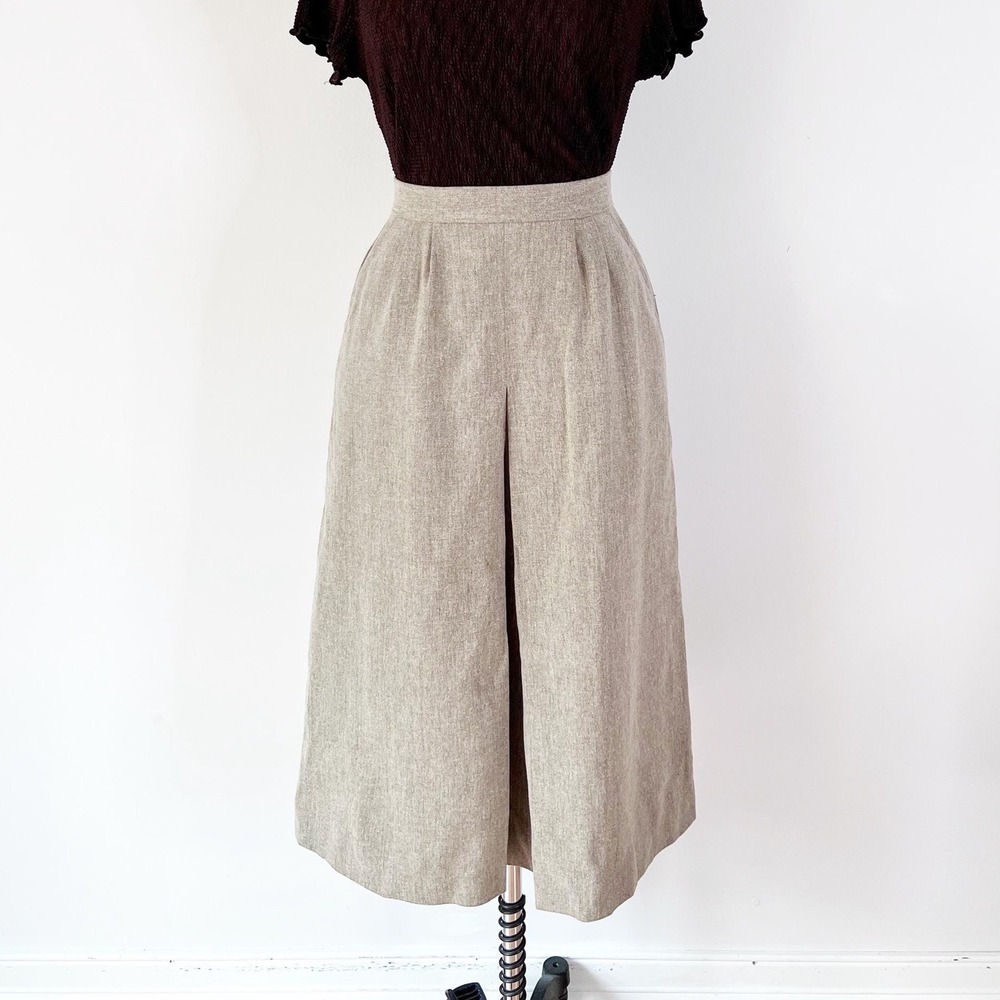SIZE XS 70s Tan Wool Midi Skirt, Preppy Academia